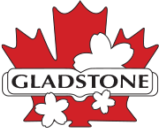 グラッドストーン日本語学園のロゴ。赤い楓の形と白い桜形が重なって、GLADSTONEのテキスト。